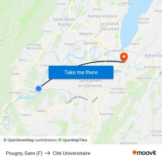 Pougny, Gare (F) to Cité Universitaire map