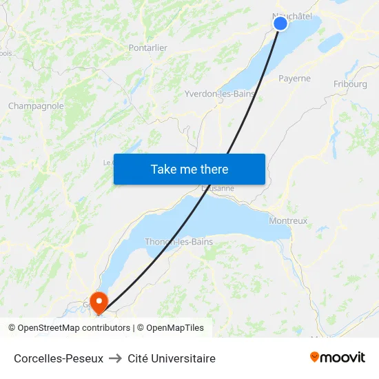Corcelles-Peseux to Cité Universitaire map
