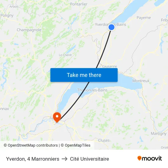 Yverdon, 4 Marronniers to Cité Universitaire map