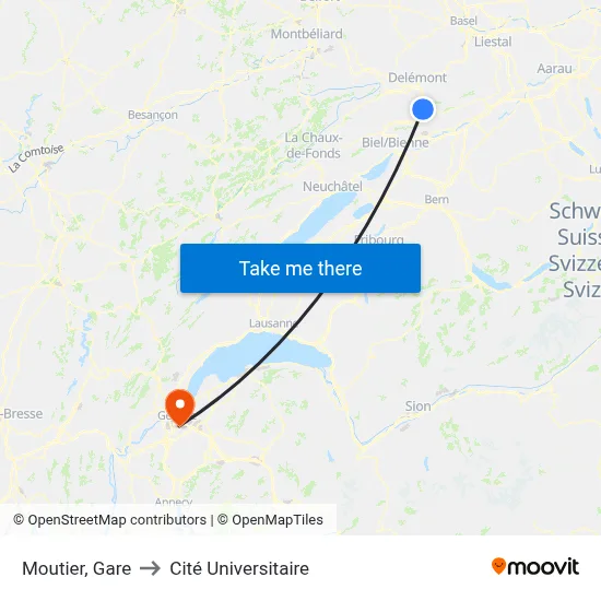 Moutier, Gare to Cité Universitaire map