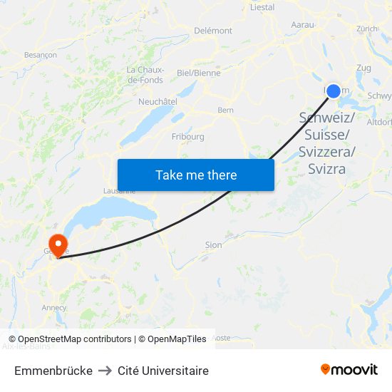 Emmenbrücke to Cité Universitaire map