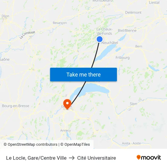 Le Locle, Gare/Centre Ville to Cité Universitaire map
