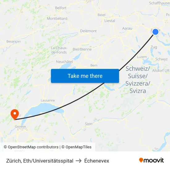Zürich, Eth/Universitätsspital to Échenevex map