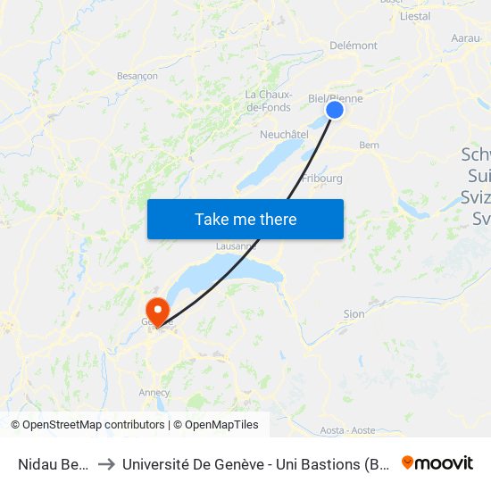 Nidau Beunden to Université De Genève - Uni Bastions (Bâtiment Principal) map
