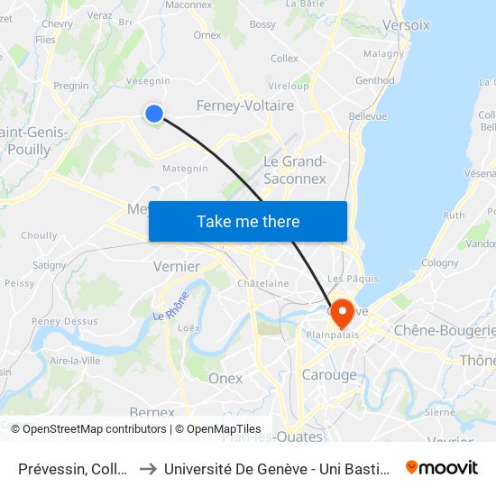 Prévessin, Collège Le Joran to Université De Genève - Uni Bastions (Bâtiment Principal) map