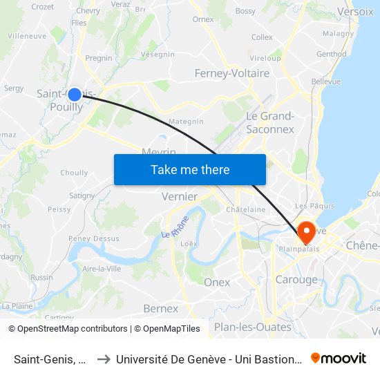 Saint-Genis, Mitterrand to Université De Genève - Uni Bastions (Bâtiment Principal) map