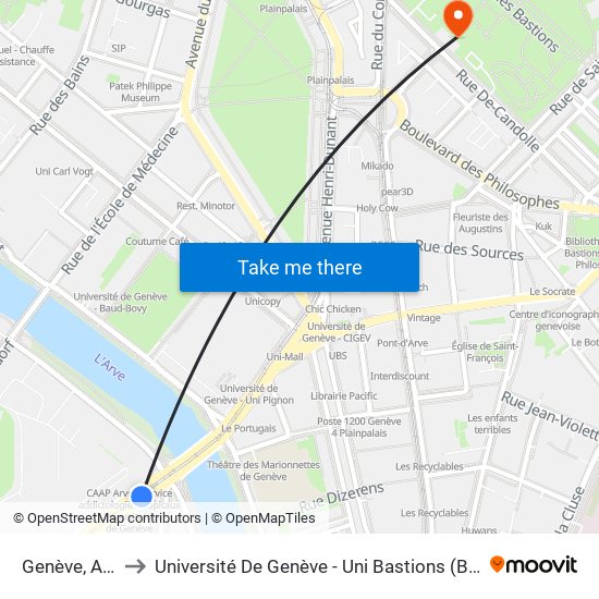 Genève, Acacias to Université De Genève - Uni Bastions (Bâtiment Principal) map