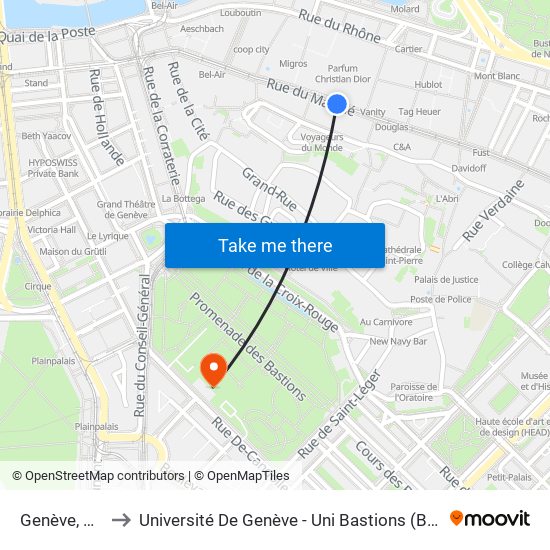 Genève, Molard to Université De Genève - Uni Bastions (Bâtiment Principal) map