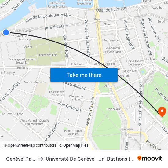 Genève, Palladium to Université De Genève - Uni Bastions (Bâtiment Principal) map