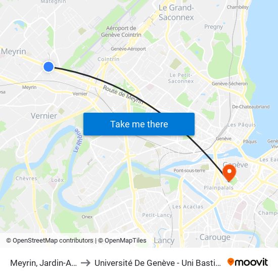 Meyrin, Jardin-Alpin-Vivarium to Université De Genève - Uni Bastions (Bâtiment Principal) map