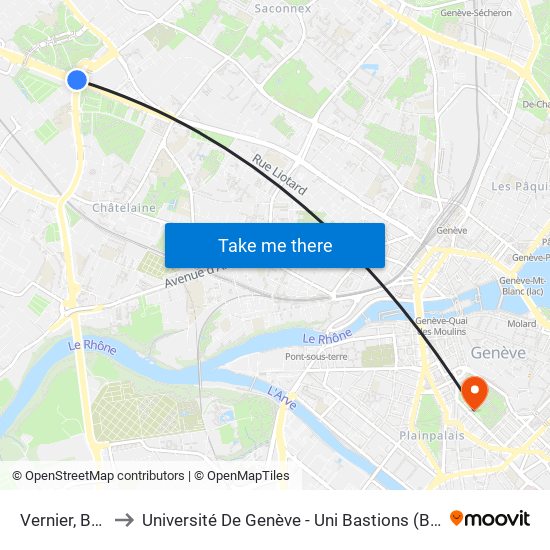 Vernier, Balexert to Université De Genève - Uni Bastions (Bâtiment Principal) map