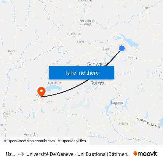 Uzwil to Université De Genève - Uni Bastions (Bâtiment Principal) map