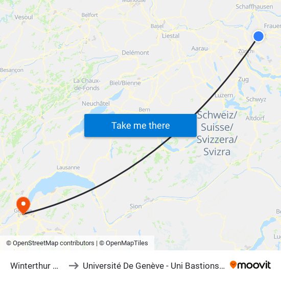 Winterthur Wülflingen to Université De Genève - Uni Bastions (Bâtiment Principal) map