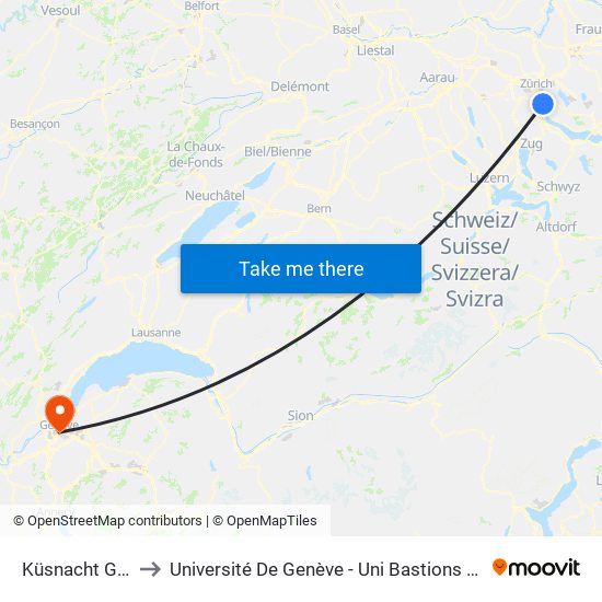 Küsnacht Goldbach to Université De Genève - Uni Bastions (Bâtiment Principal) map