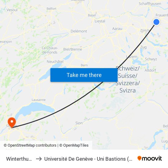 Winterthur Grüze to Université De Genève - Uni Bastions (Bâtiment Principal) map