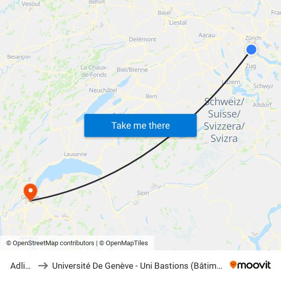 Adliswil to Université De Genève - Uni Bastions (Bâtiment Principal) map