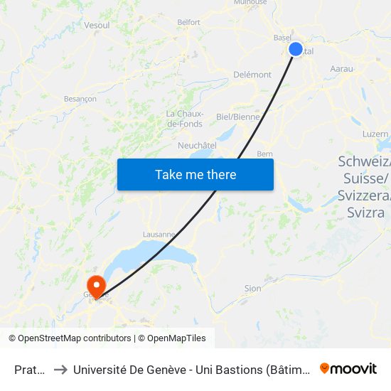 Pratteln to Université De Genève - Uni Bastions (Bâtiment Principal) map