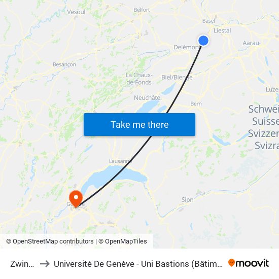 Zwingen to Université De Genève - Uni Bastions (Bâtiment Principal) map