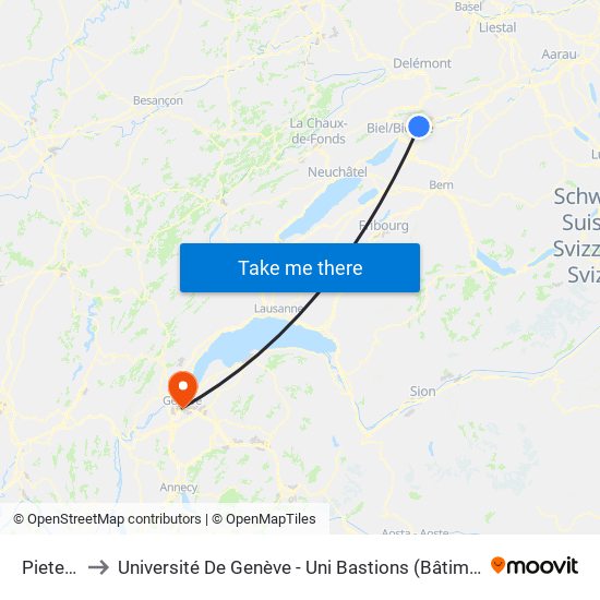 Pieterlen to Université De Genève - Uni Bastions (Bâtiment Principal) map