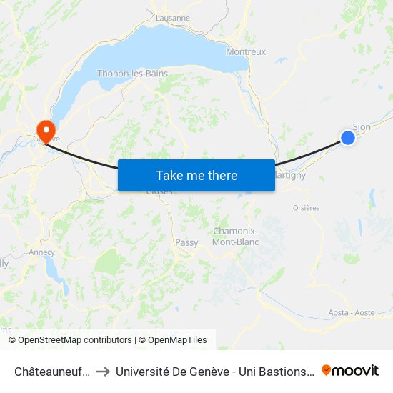 Châteauneuf-Conthey to Université De Genève - Uni Bastions (Bâtiment Principal) map