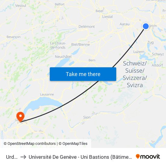 Urdorf to Université De Genève - Uni Bastions (Bâtiment Principal) map