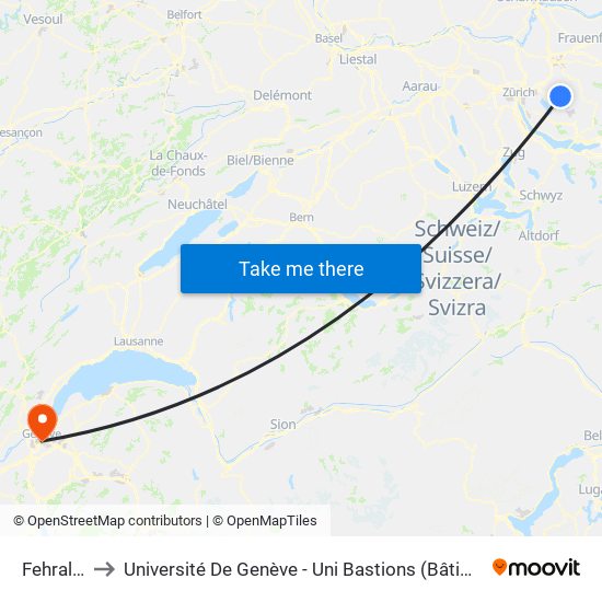 Fehraltorf to Université De Genève - Uni Bastions (Bâtiment Principal) map