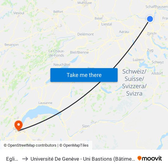 Eglisau to Université De Genève - Uni Bastions (Bâtiment Principal) map