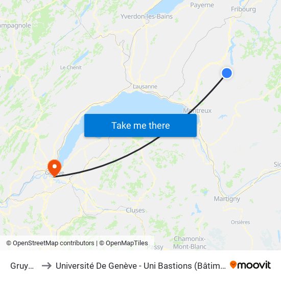 Gruyères to Université De Genève - Uni Bastions (Bâtiment Principal) map