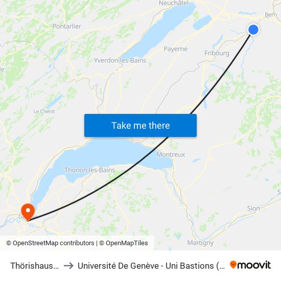 Thörishaus Station to Université De Genève - Uni Bastions (Bâtiment Principal) map