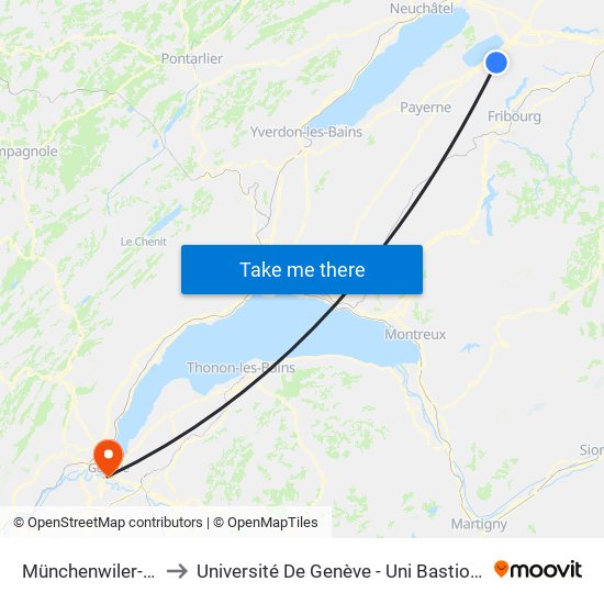 Münchenwiler-Courgevaux to Université De Genève - Uni Bastions (Bâtiment Principal) map