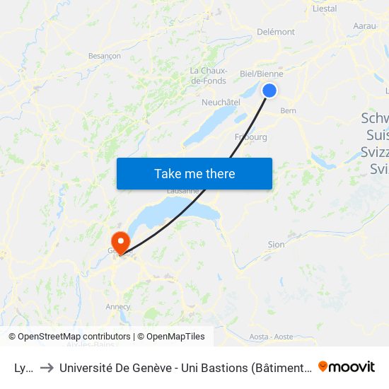 Lyss to Université De Genève - Uni Bastions (Bâtiment Principal) map