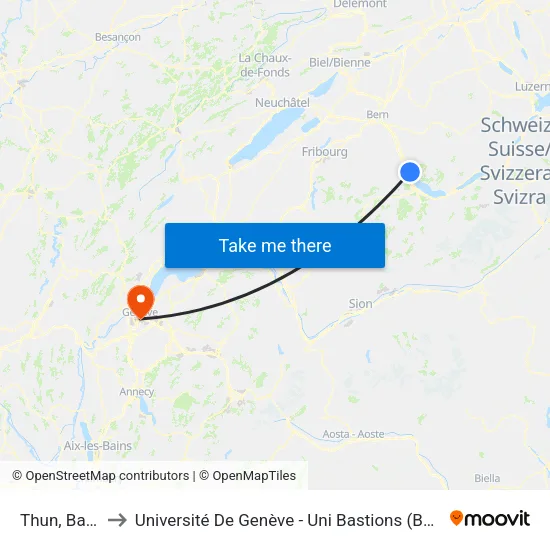 Thun, Bahnhof to Université De Genève - Uni Bastions (Bâtiment Principal) map