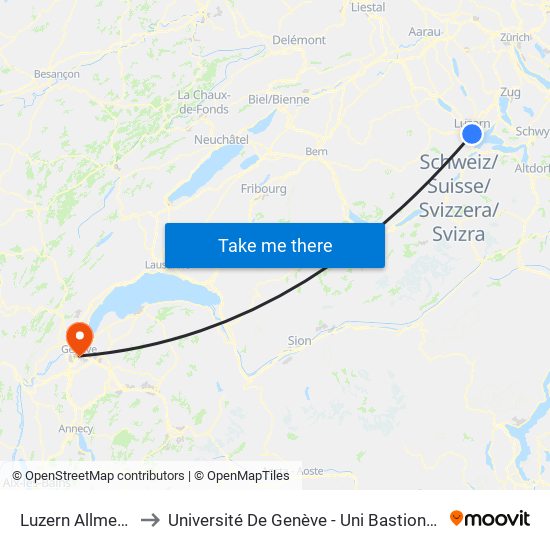 Luzern Allmend/Messe to Université De Genève - Uni Bastions (Bâtiment Principal) map