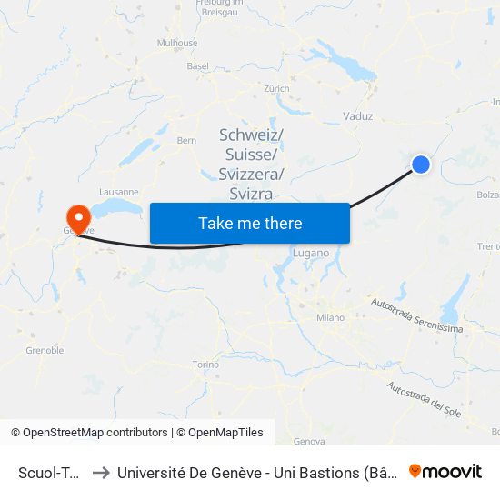 Scuol-Tarasp to Université De Genève - Uni Bastions (Bâtiment Principal) map