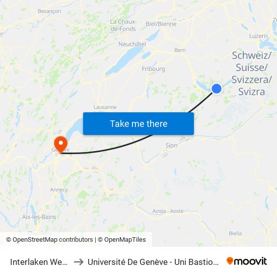 Interlaken West, Bahnhof to Université De Genève - Uni Bastions (Bâtiment Principal) map