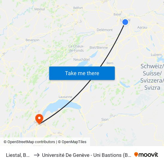 Liestal, Bahnhof to Université De Genève - Uni Bastions (Bâtiment Principal) map