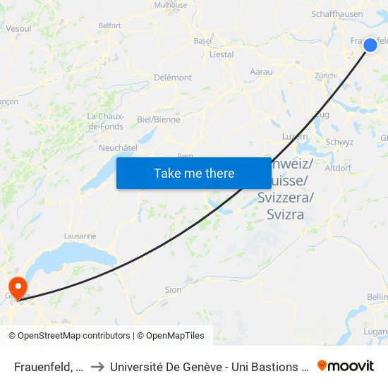 Frauenfeld, Bahnhof to Université De Genève - Uni Bastions (Bâtiment Principal) map