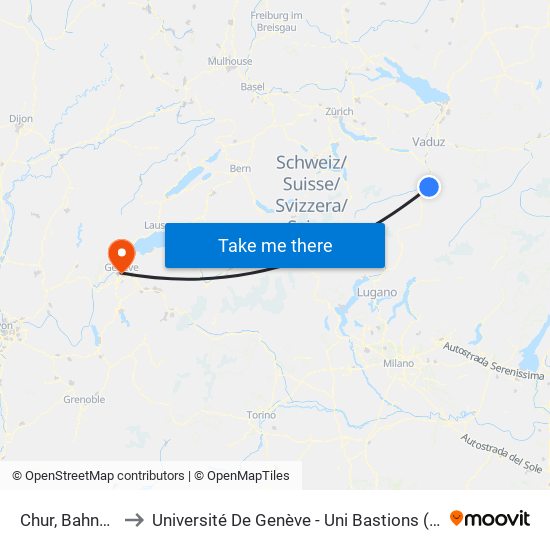Chur, Bahnhofplatz to Université De Genève - Uni Bastions (Bâtiment Principal) map