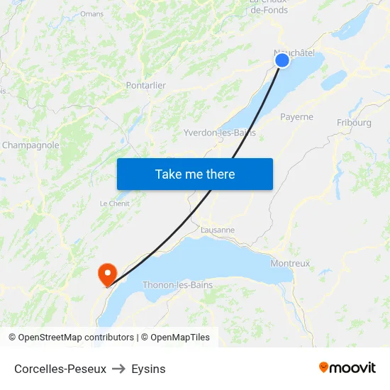 Corcelles-Peseux to Eysins map