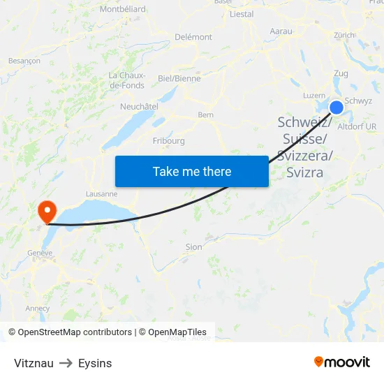 Vitznau to Eysins map