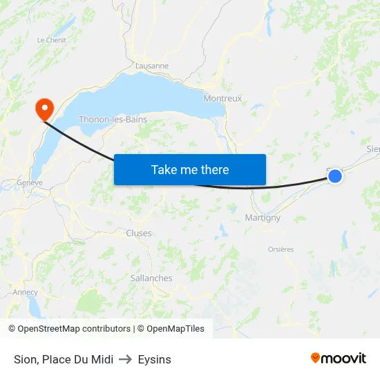 Sion, Place Du Midi to Eysins map