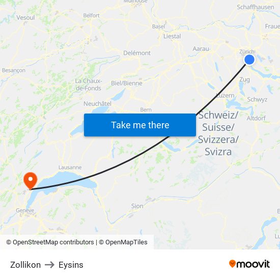 Zollikon to Eysins map