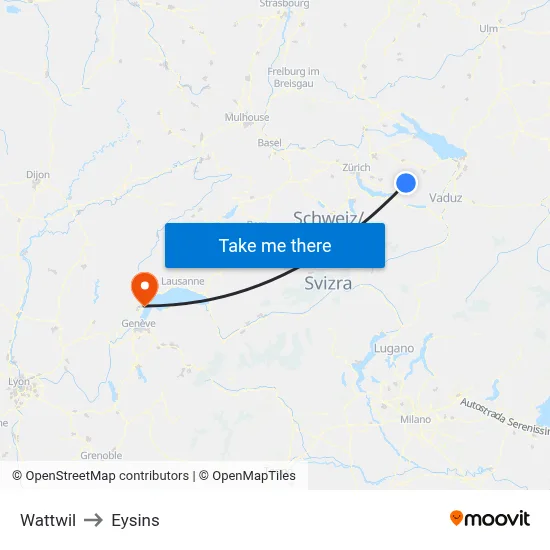 Wattwil to Eysins map