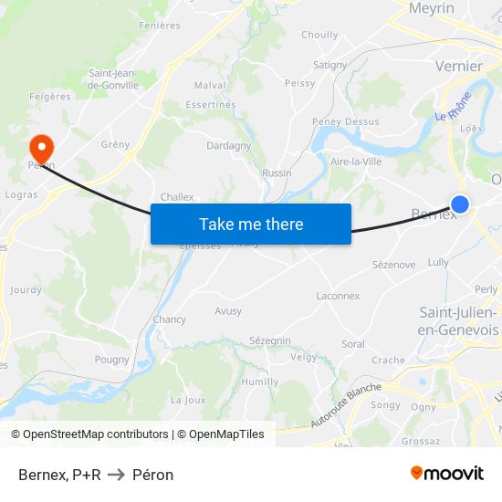 Bernex, P+R to Péron map