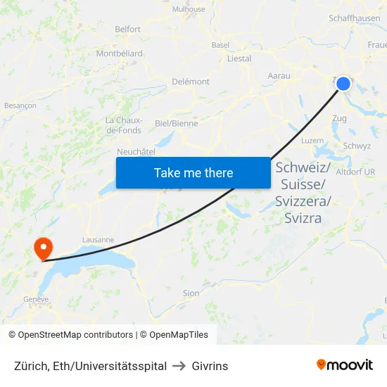 Zürich, Eth/Universitätsspital to Givrins map
