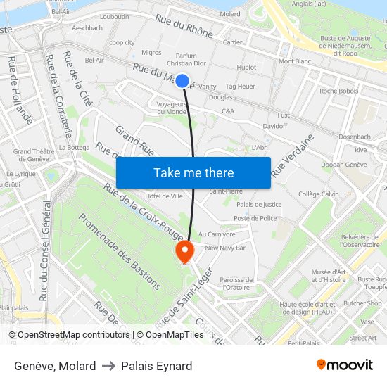Genève, Molard to Palais Eynard map