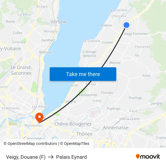 Veigy, Douane (F) to Palais Eynard map