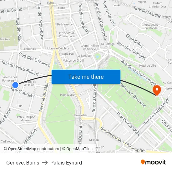Genève, Bains to Palais Eynard map