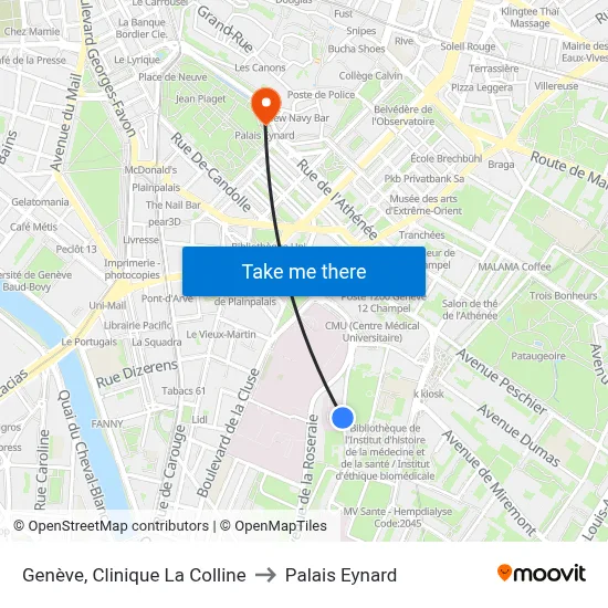 Genève, Clinique La Colline to Palais Eynard map