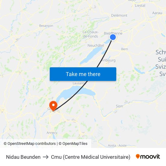 Nidau Beunden to Cmu (Centre Médical Universitaire) map